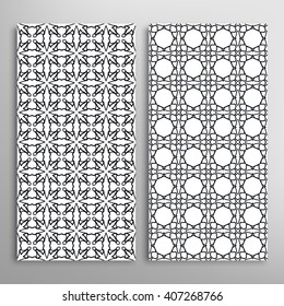 Set of vertical seamless line patterns. Vector black and white stylish geometric repeating texture. Contemporary graphic design. Tribal ethnic ornament, monochrome background