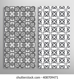 Set of vertical seamless line patterns. Vector black and white stylish geometric repeating texture. Contemporary graphic design. Tribal ethnic ornament, monochrome background