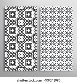 Set of vertical seamless line patterns. Vector black and white stylish geometric repeating texture. Contemporary graphic design. Tribal ethnic ornament, monochrome background