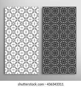 Set of vertical seamless line patterns. Vector monochrome stylish geometric texture, line art. Contemporary graphic design. Tribal ethnic ornament, arabic style background. Black and white