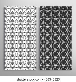 Set of vertical seamless line patterns. Vector monochrome stylish geometric texture, line art. Contemporary graphic design. Tribal ethnic ornament, arabic style background. Black and white