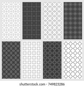 Set of vertical seamless line patterns. Black and white geometric backgrounds collection. Endless repeating linear texture for wallpaper, packaging, banners, invitations, business cards, fabric print