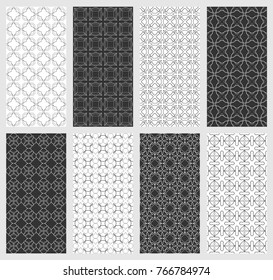 Set of vertical seamless line patterns. Black and white geometric backgrounds collection. Endless repeating linear texture for wallpaper, packaging, banners, invitations, business cards, fabric print