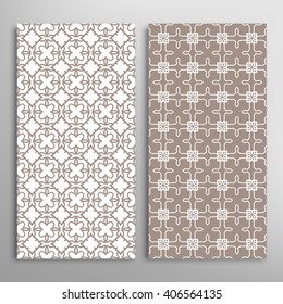Set of vertical seamless linear patterns with thin lines. Vector monochrome stylish geometric texture, line art. Contemporary graphic design. Tribal ethnic ornament, arabic style background