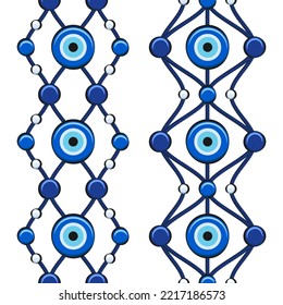 Set of vertical seamless patterns with eye of fatima and beads. Vector illustration.