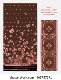 Set of  vertical seamless spring dark brown floral pattern with pinkstrawberries, butterflies and flowers also ornate border (ribbon tape band edging )