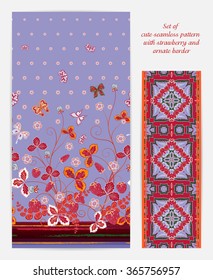 Set of  vertical seamless spring violet floral pattern with red strawberries, butterflies and flowers also ornate border (ribbon tape band edging )