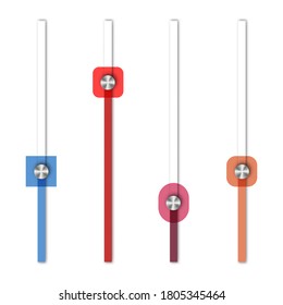 Set of vertical sliders with steel button, isolated on white background. Web interface design elements, vector illustration.