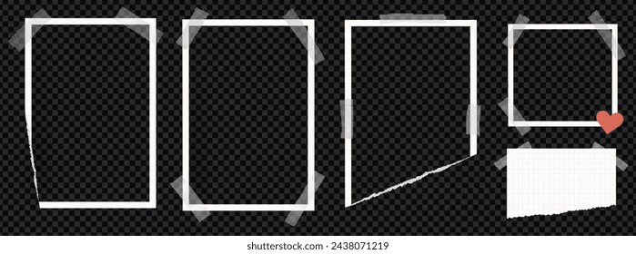 Set of vertical snd squareframe photo. Picture album template with tape. Vector paper page for image. Photograph blank element on trandparent background. 