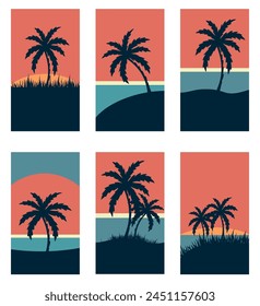 set of Vertical social media summer stories templates. Tropical landscape and sunset summer. vector