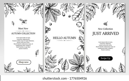 Set of vertical social network templates with hand drawn elements. Autumn design for banners, cards, announcements, newsletters in sketch style. Vector illustration. Space for text