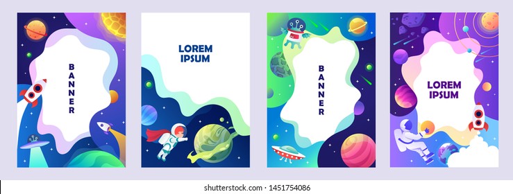 Set of vertical space banners. Cosmic children's style. Template for diploma, poster, invitation, cover. Vector.