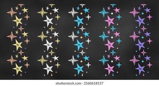 Set of Vertical Sparkling Seamless Borders Chalk Drawn Sketches of Stars. Kit of Textural Crayon Drawings of Identical Endless Patterns in Different Color Variations.