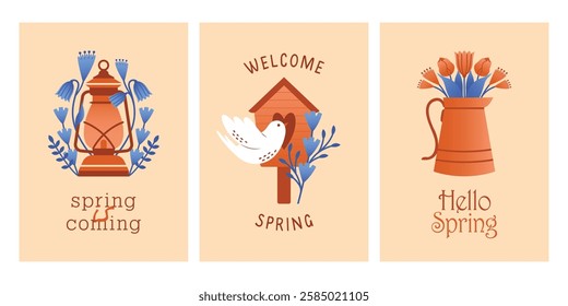 Set of vertical spring cards with vector illustrations of lantern, spring flowers, plants, bird house, flying bird,  jug full of tulips, text. Spring is coming. Naive cute banners with cozy clip arts.