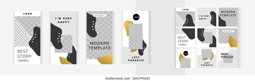 Set of vertical and square banners templates for design of social networks, story and print with windows for images. Elegant modern camouflage style with golden abstract shapes.
