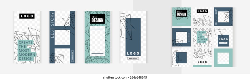 Set of vertical and square banners templates for design of social networks, instagram story and print with windows for images. Linear mess. Chaotic abstract lines on blue and green background.