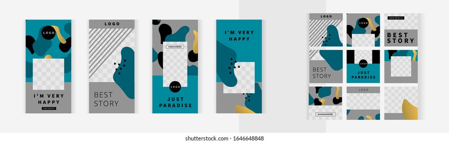 Set of vertical and square banners templates for design of social networks, instagram story and print with windows for images. Elegant modern soaring golden clouds style on aquamarine background.