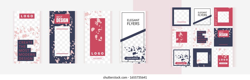 Set of vertical and square banners templates for design of social networks, story and print with windows for images. Modern style. Pink stripes and spots of paint.