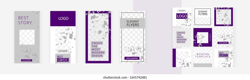 Conjunto de plantillas de banners verticales y cuadrados para el diseño de redes sociales, historia e impresión con ventanas para imágenes. Estilo púrpura. Rayas grises y manchas de pintura. 