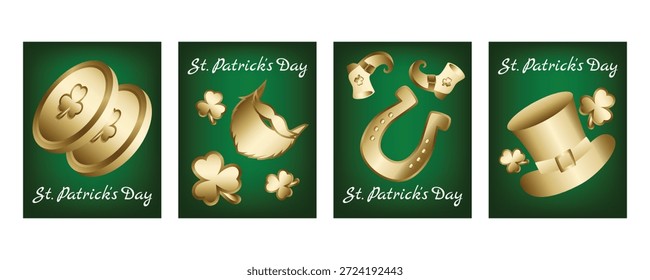 Set von vertikalen St. Patrick’s Day Bannern und Grußkarten mit goldenen Koboldmünzen, Hufeisen, Shamrocks, Bart- und Koboldmütze, Irish festliches Design