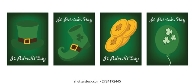 Conjunto de Anuncios y tarjetas de felicitación del día de San Patricio de Vertical con tréboles, globo, oro de duende, sombrero de duende y botas, tema irlandés festivo