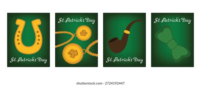 Conjunto de banners verticais do Dia de São Patrício e cartões de saudação com trevos, ferraduras, contas, arco, decorações e cachimbo de fumar, celebração de feriado irlandês