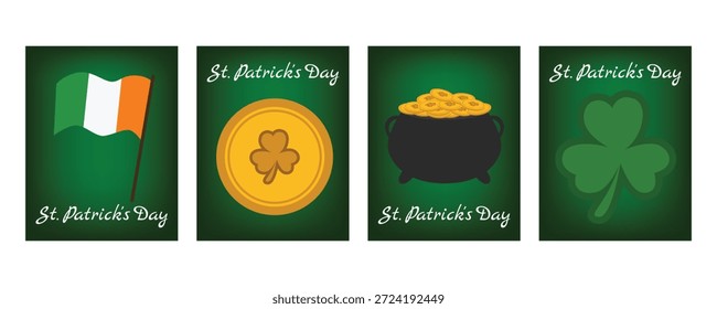 Conjunto de Anuncios y tarjetas de felicitación del día de San Patricio con Vertical irlandesa, olla de oro de duende, tréboles y decoraciones festivas, celebración de vacaciones irlandesas