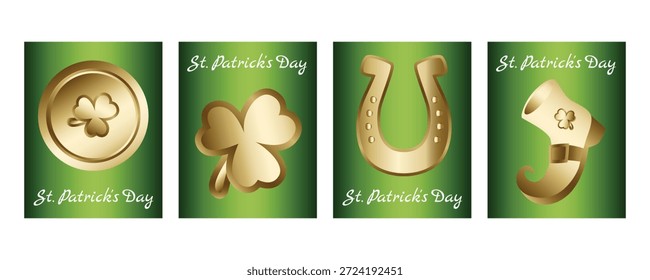  Set von vertikalen St. Patrick’s Day Bannern und Grußkarten mit Koboldmünzen, Shamrocks, Hufeisen und Koboldstiefeln, irisches Festmotiv