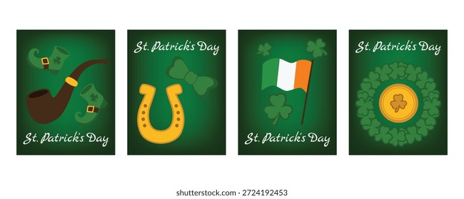 Conjunto de banners verticais do Dia de São Patrício e cartões de saudação com bandeira irlandesa, trevos, ferraduras, botas de leprechaun, cachimbo de fumar e elementos de ouro
