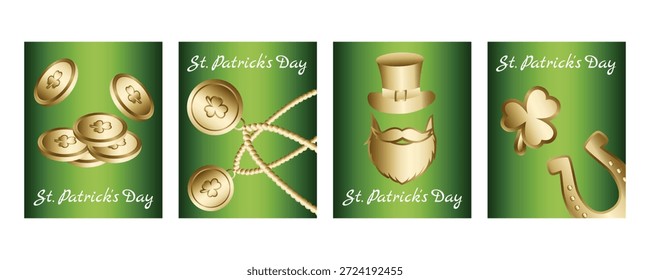 Conjunto de Anuncios de Vertical del Día de San Patricio y tarjetas de felicitación con monedas de oro de duende, barba, sombrero, herraduras, cuentas y tréboles, celebración irlandesa