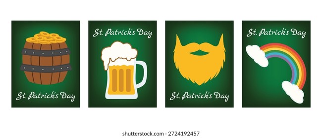 Conjunto de Anuncios de Vertical del día de San Patricio y tarjetas de felicitación con vaso de cerveza, arco iris, barril de oro de duende y símbolos irlandeses festivos
