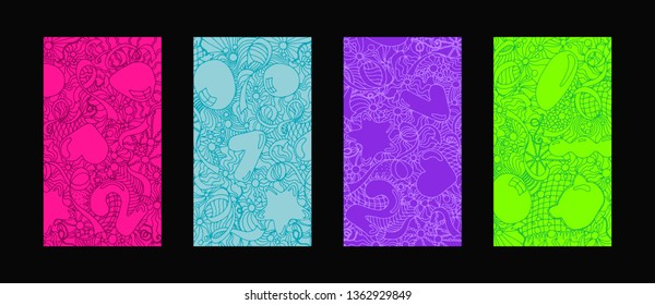 Set of vertical stories backgrounds for social networks with hand drawn ballons and pattern. Banner backdrop vector illustration