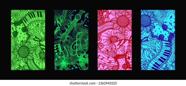 Set of vertical stories backgrounds for social networks with hand drawn music elements. Banner backdrop vector illustration