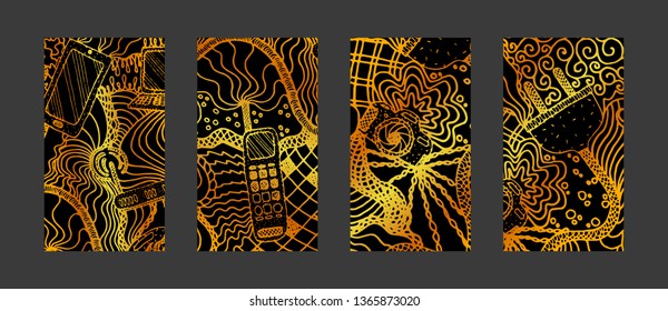 Set of vertical stories backgrounds for social networks with hand drawn electrical devices and pattern. Banner backdrop vector illustration