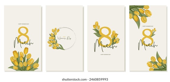 Set of vertical stories for International Women's Day with yellow watercolor tulips for social media. Vector
