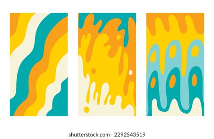 Set of vertical stories social media. Summer background. Retro sunny wavy striped bright pattern. Abstract groovy shapes and lines. Waves