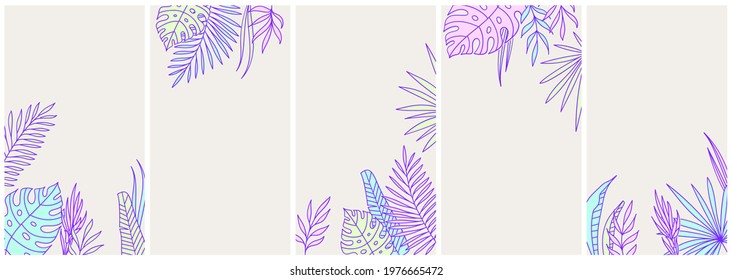 Set of vertical summer backgrounds for social media. Trendy stories design with copy space for text. Vector hand drawn tropical doodles.