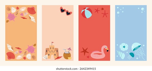 Set of vertical summer backgrounds for social media stories and posts. Designs with beach elements like seashells and jellyfish. Trendy modern vector illustration, hand drawn, flat design