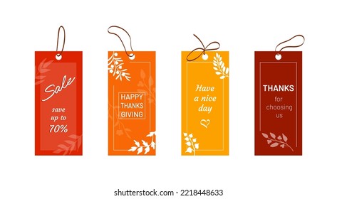 Set of vertical tags in autumn color scheme, with hand drawn silhouettes of leaves and twigs. Elegant templates for prints, with samples of text. Messages for customers, greetings, sale ads, wishes