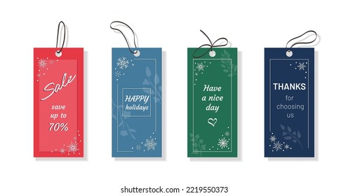 Set of vertical tags in beautiful winter color scheme, with hand drawn twigs and snowflakes. Elegant templates of labels, with samples of text. Messages for customers, greetings, sale ads, wishes