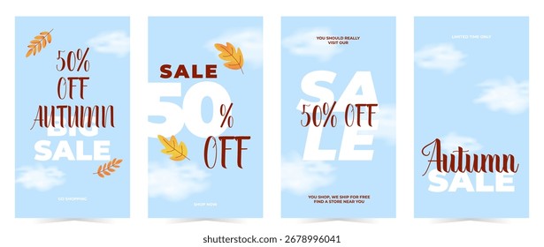 Set of vertical tags, labels, banners with autumn blue sky, clouds, foliage and sale messages. Perfect for social media promotions. Vector illustration