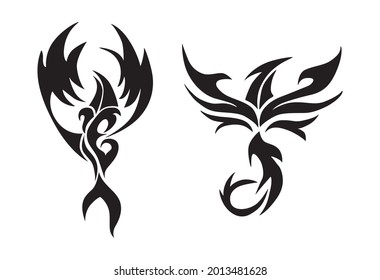 Set of the vertical tattoo. Abstract phoenix, black tribal silhouette on white background