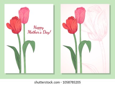 Set of vertical template card for design with tulips: red, pink flowers, green leaves, stems, white background with outline tulip. Hand draw botanical sketch illustration, vintage, vector, copy space