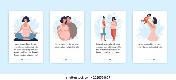 A set of vertical templates about pregnancy and parenthood, tips for pregnant women, application templates, social media stories. Vector illustration.