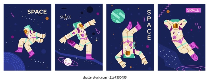 Set of vertical templates about space flat style, vector illustration isolated on white background. Cards with astronauts in different poses flying in outer space with green oxygen balloon, text