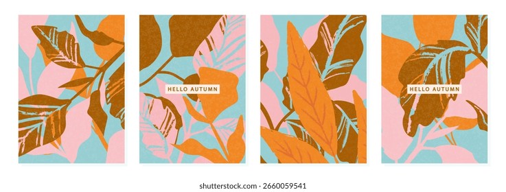 Set of vertical templates with abstract autumn foliage in modern textured style, perfect for social media stories, greeting cards or mobile wallpapers, seasonal backgrounds collection, vector 
