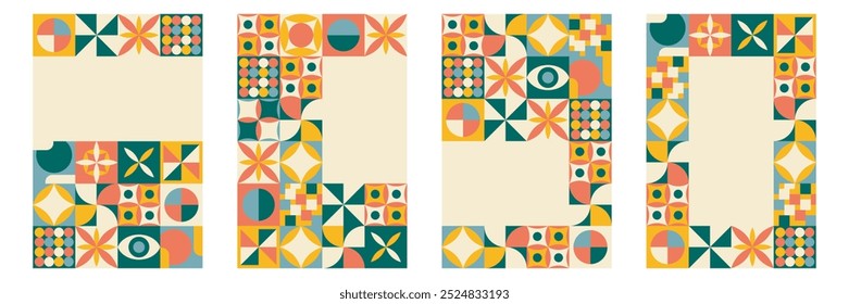 Set of vertical templates with abstraction in retro style. Brochure cover design with geometric shapes and copy space. Corporate blanks for presentation, leaflet, poster, page and other design, vector