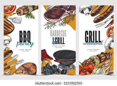 Set of vertical templates for barbecue, grill weekend, vector hand-drawn illustration. Summer party poster design template. Design templates, posters with picnic food, grilled meat, sausages, salmon.