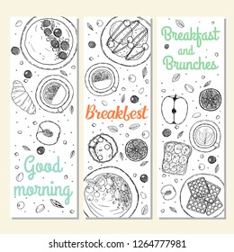 Set of vertical templates. Breakfasts ingredient top view. Food elements collection. Hand drawn vector illustration. Banners, flyer with modern style lettering