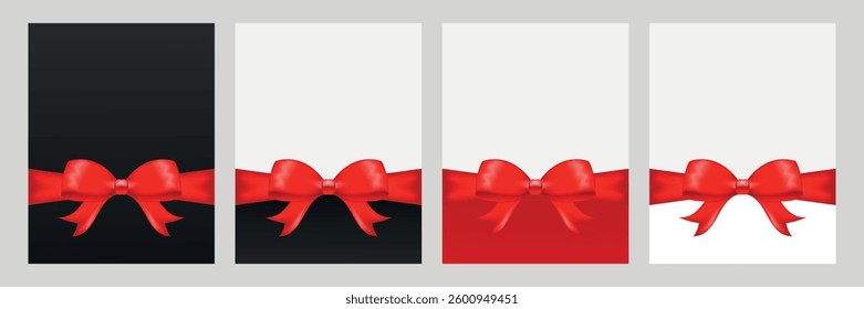 Set of vertical templates for creating cards, vouchers, certificates, gift wrap with red satin bow and ribbon